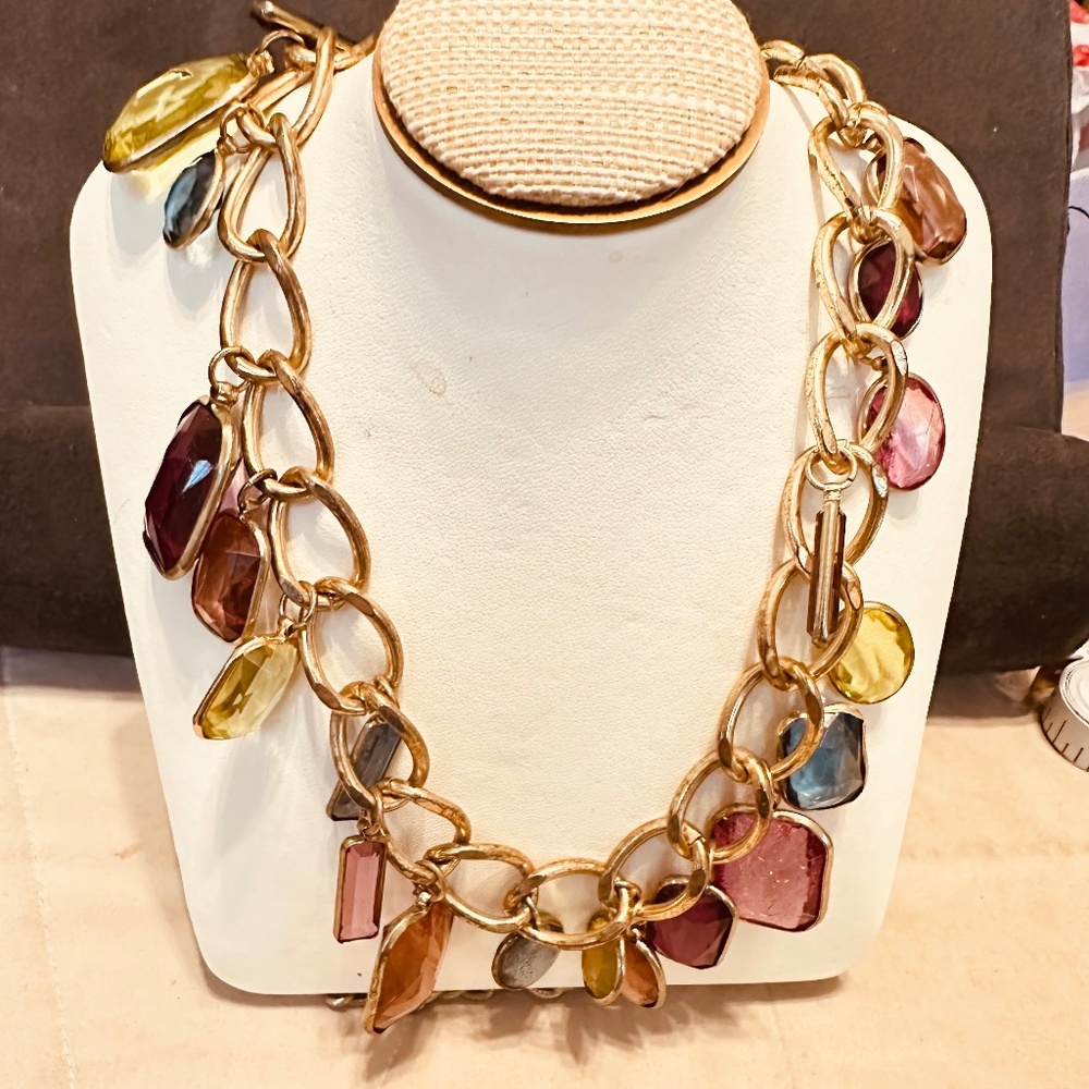 Glass Charm Necklace Statement Chain 31” Colorful Drop Bib Gold Tone Vintage
